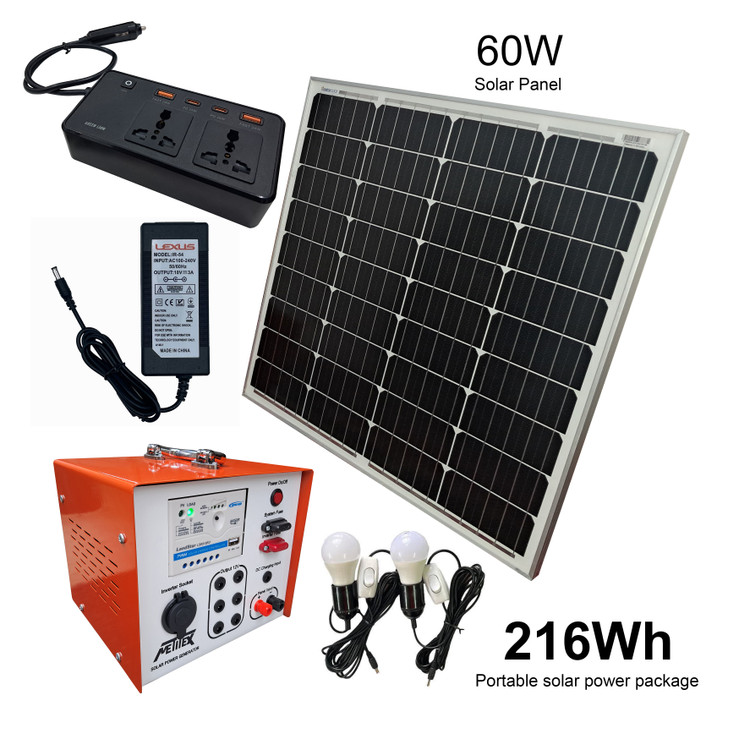 پکیج برق خورشیدی قابل حمل عشایری برند متیتکس (Metitex) 216 وات ساعت همراه با پنل خورشیدی (Solar Panel) 60 وات و اینورتر 200 وات
